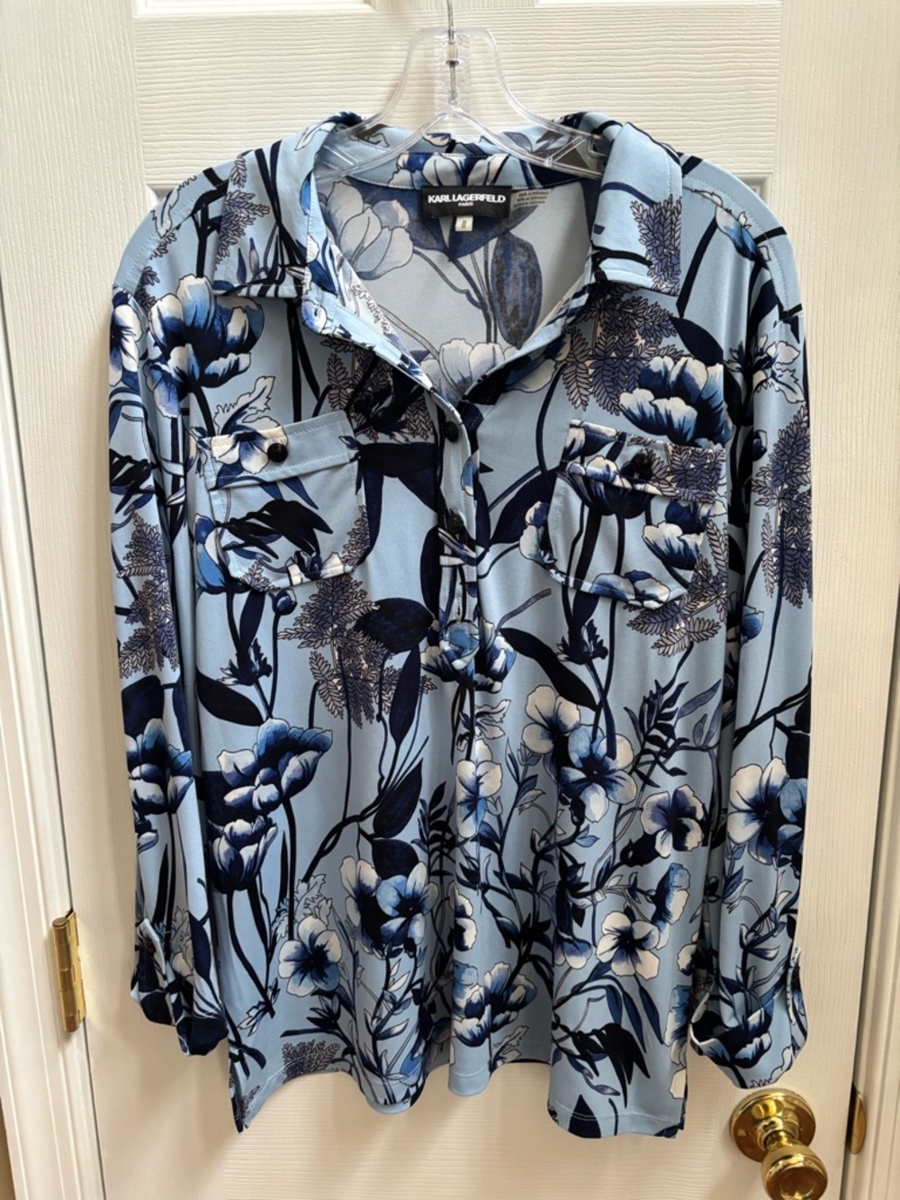 Karl Lagerfeld Woman’s Blue Floral Button-Front Blouse, Size Med, EUC - Picture 2 of 5